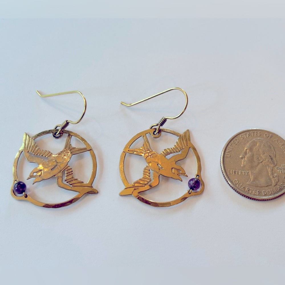 Wild Bryde gold earrings with a purple stone Bird/Sparrow